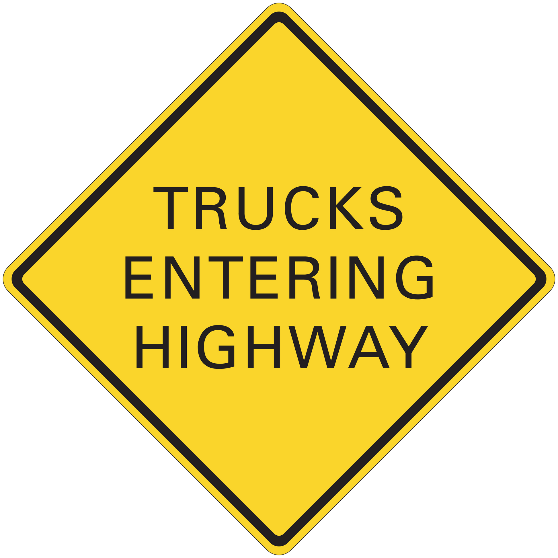 Yellow road sign sticker with black border reading “TRUCKS ENTERING HIGHWAY”
