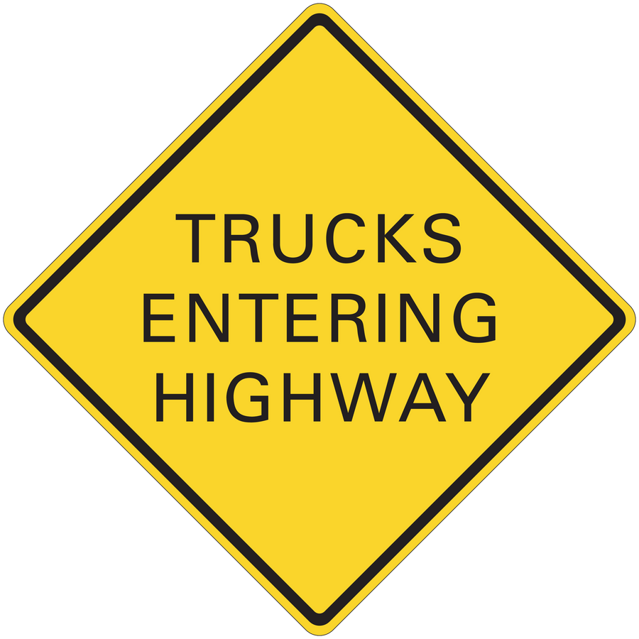 Road sign sticker: yellow diamond with black border, 'TRUCKS ENTERING HIGHWAY'.