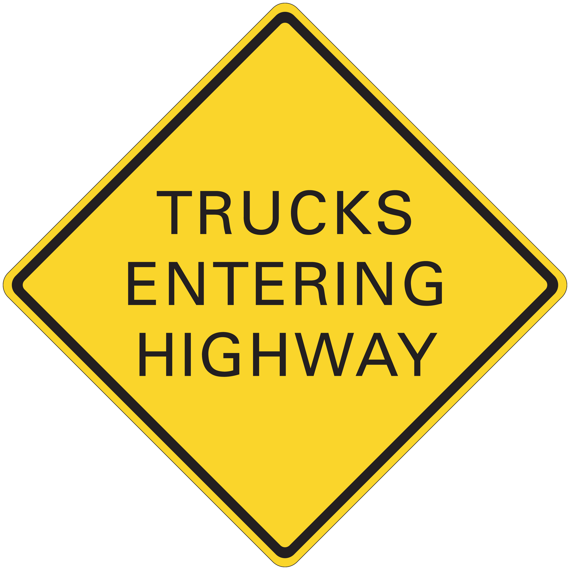 Road sign sticker: yellow diamond with black border, 'TRUCKS ENTERING HIGHWAY'.