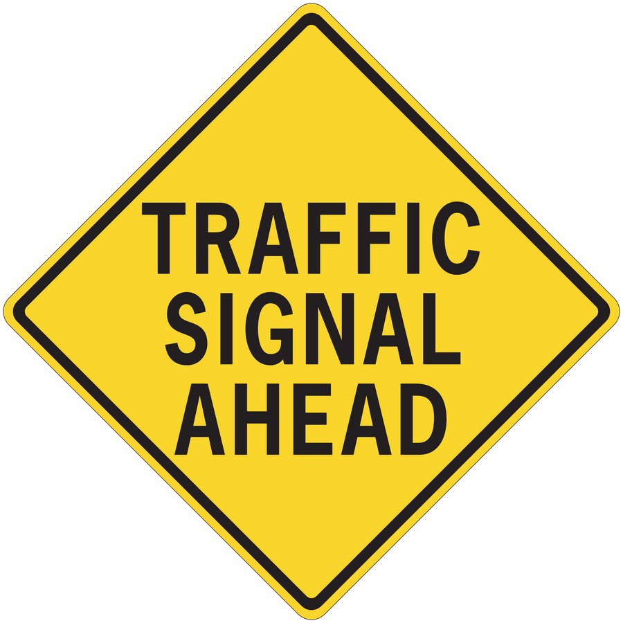 Yellow diamond road sign sticker: TRAFFIC SIGNAL AHEAD, black border text