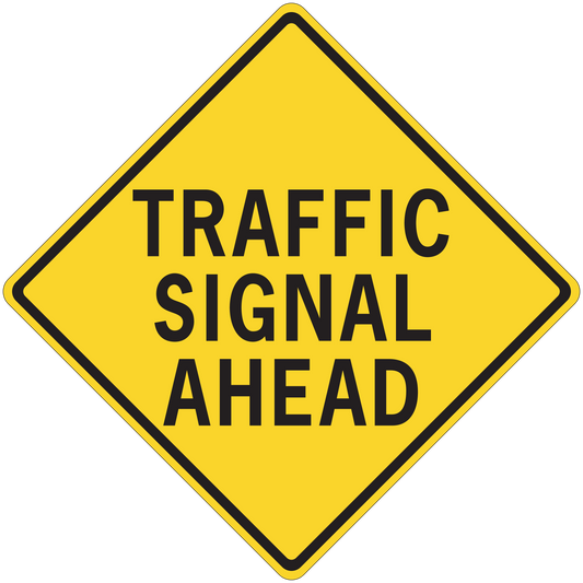 Yellow diamond road sign sticker: TRAFFIC SIGNAL AHEAD, black border text