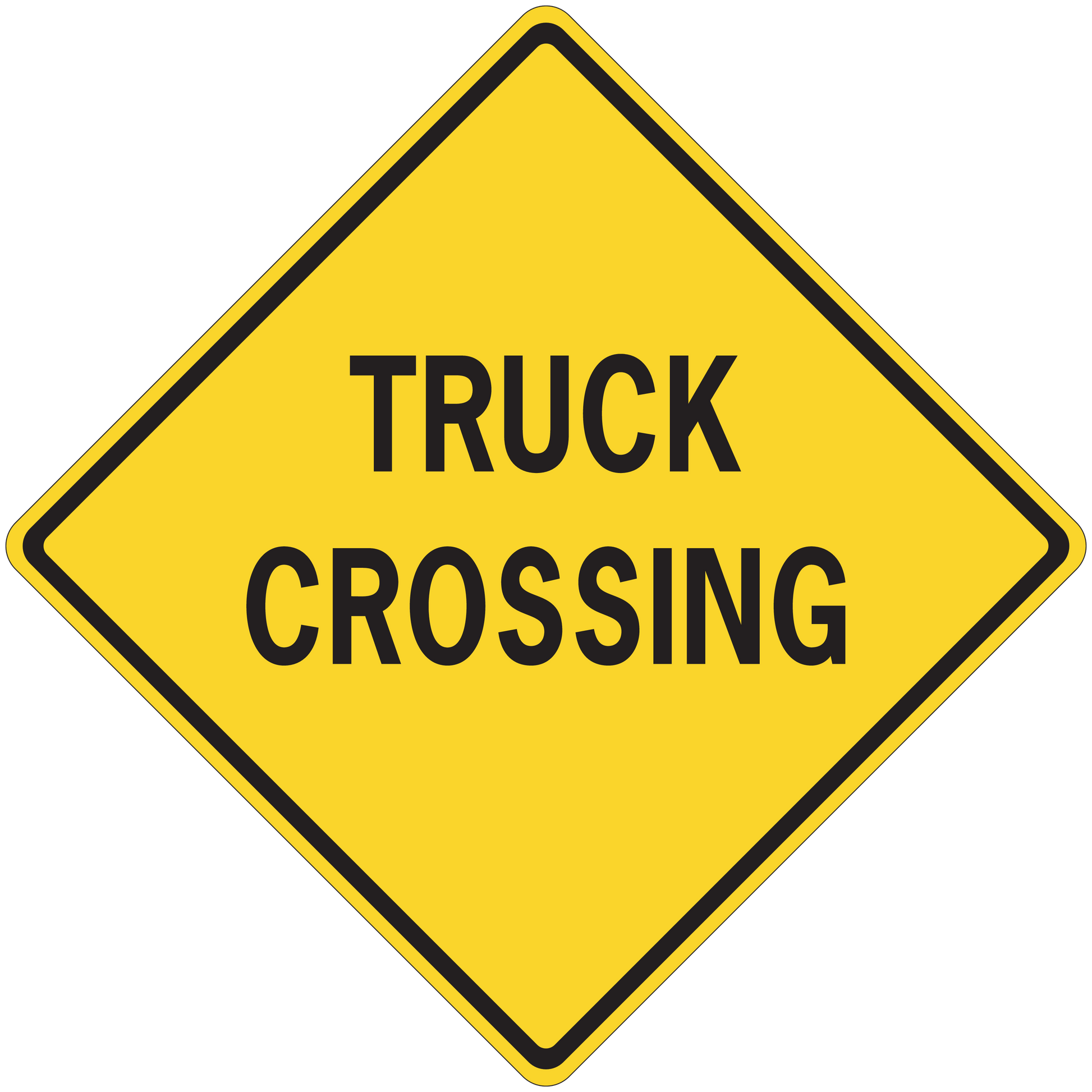 Yellow road sign sticker with black TRUCK CROSSING text in a diamond