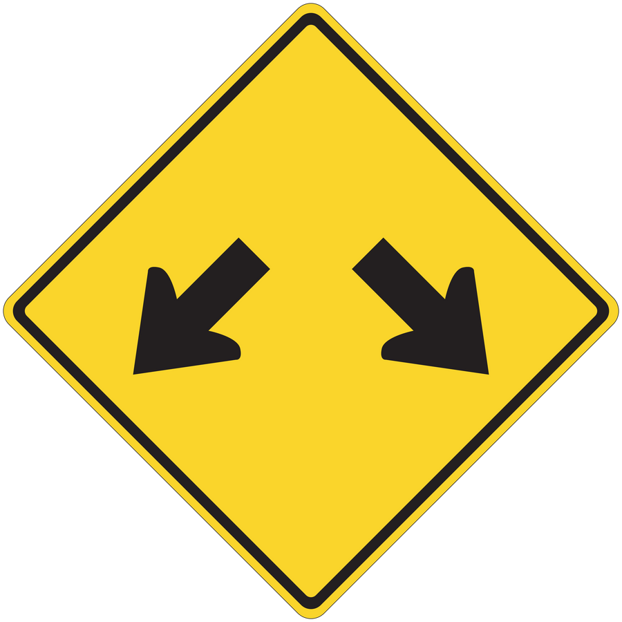 Road sign sticker: yellow diamond with black arrows pointing down left and right