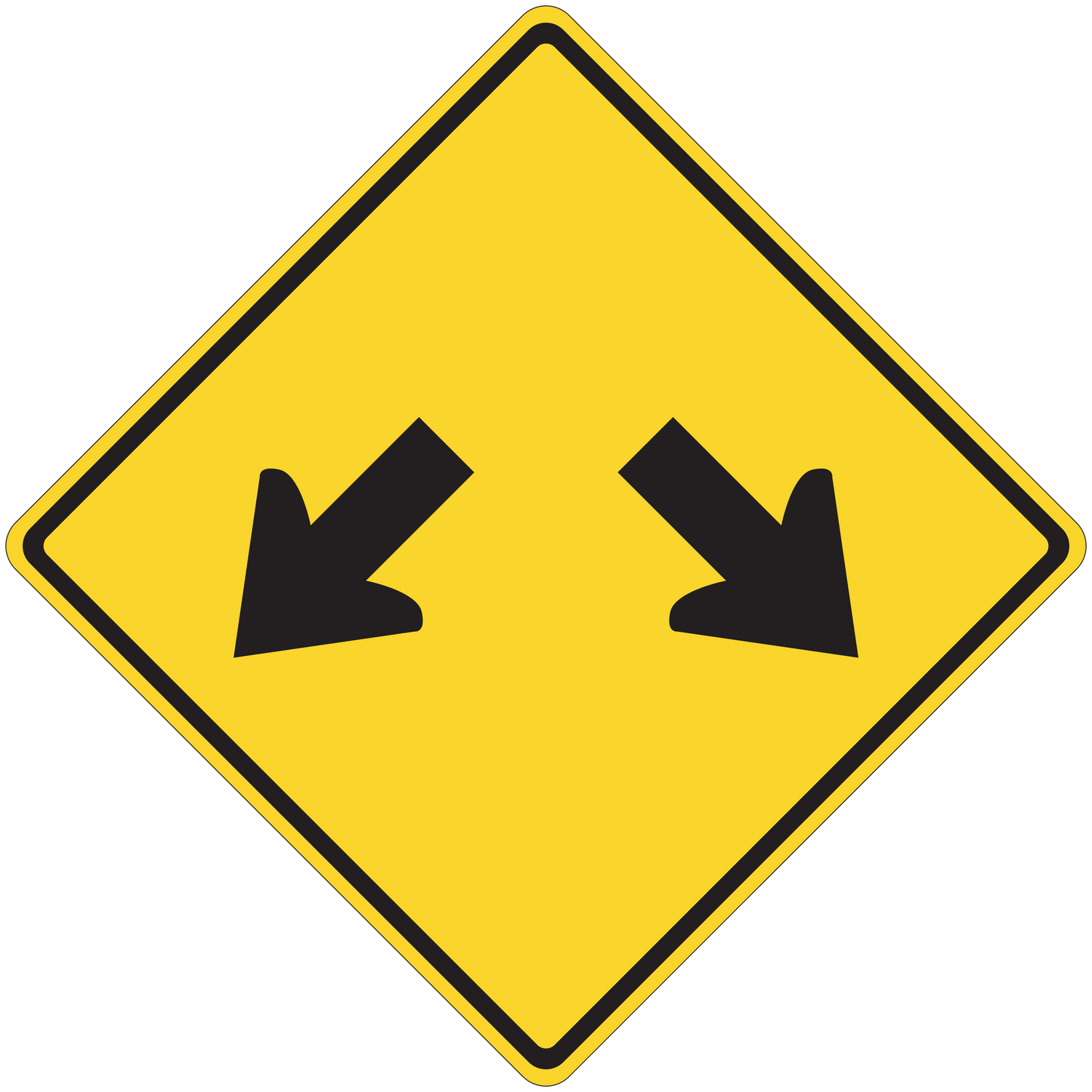 Road sign sticker: yellow diamond with black arrows pointing down left and right