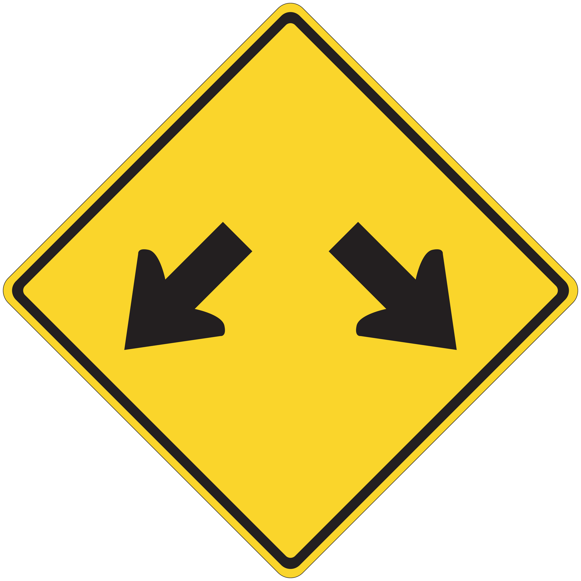 Road sign sticker: yellow diamond with black arrows pointing down left and right