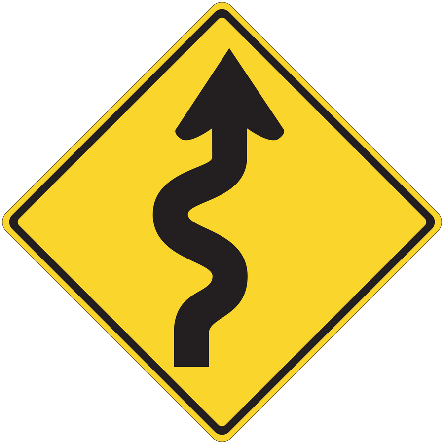 Road sign sticker: yellow diamond with upward arrow and winding road symbol