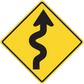 Road sign sticker: yellow diamond with upward arrow and winding road symbol