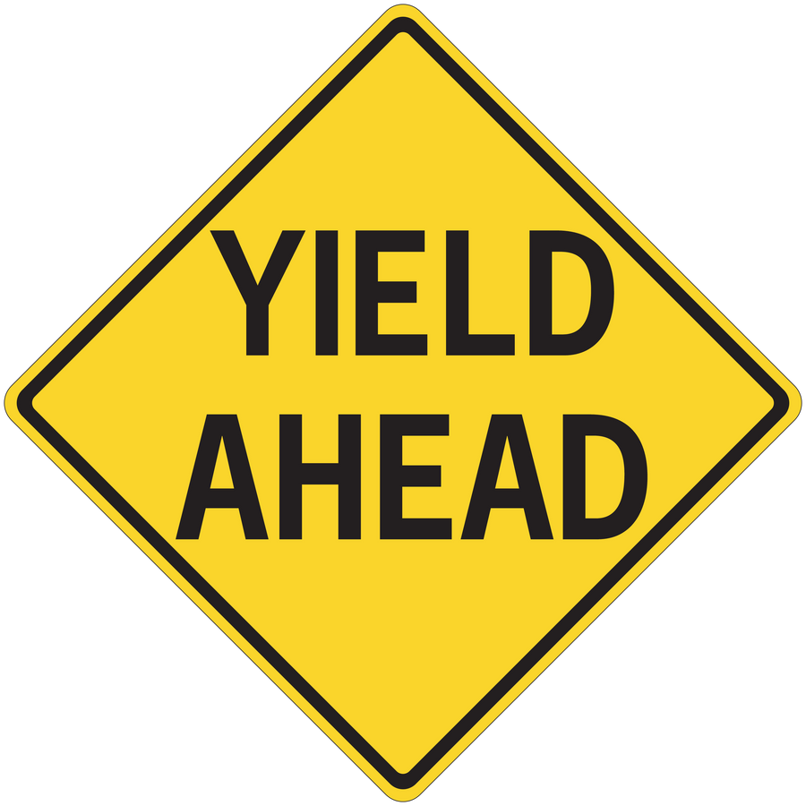 Yellow road sign sticker reading "YIELD AHEAD" with black border
