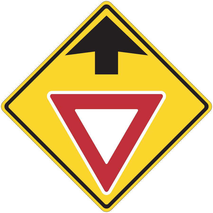 Road sign warning sticker with yellow diamond and red downward arrow