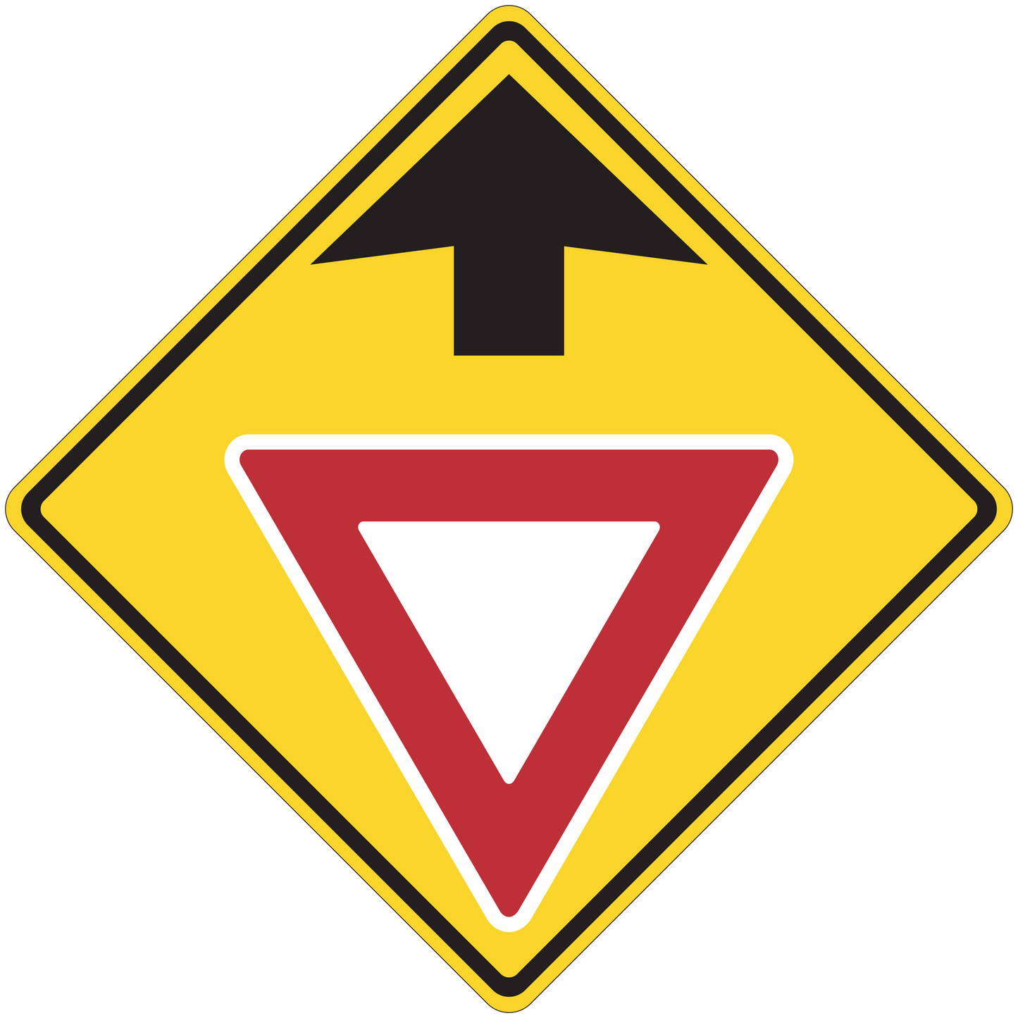 Road sign warning sticker with yellow diamond and red downward arrow