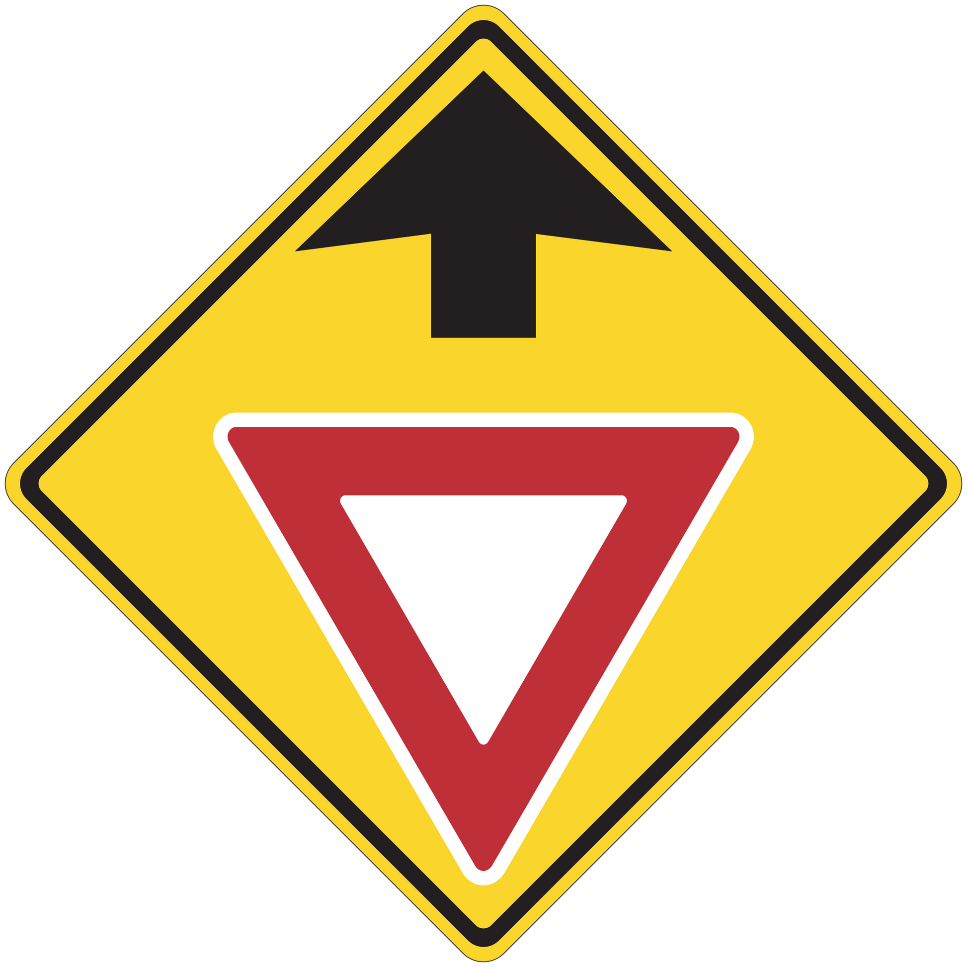 Road sign warning sticker with yellow diamond and red downward arrow