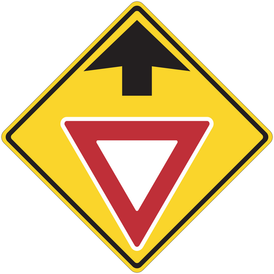 Road sign warning sticker with yellow diamond and red downward arrow