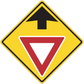 Road sign warning sticker with yellow diamond and red downward arrow