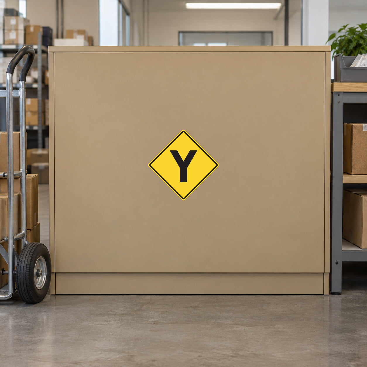 Road Sign Sticker applied in A delivery center routing office, smooth muted ochre cabinet front, hand truck extreme left