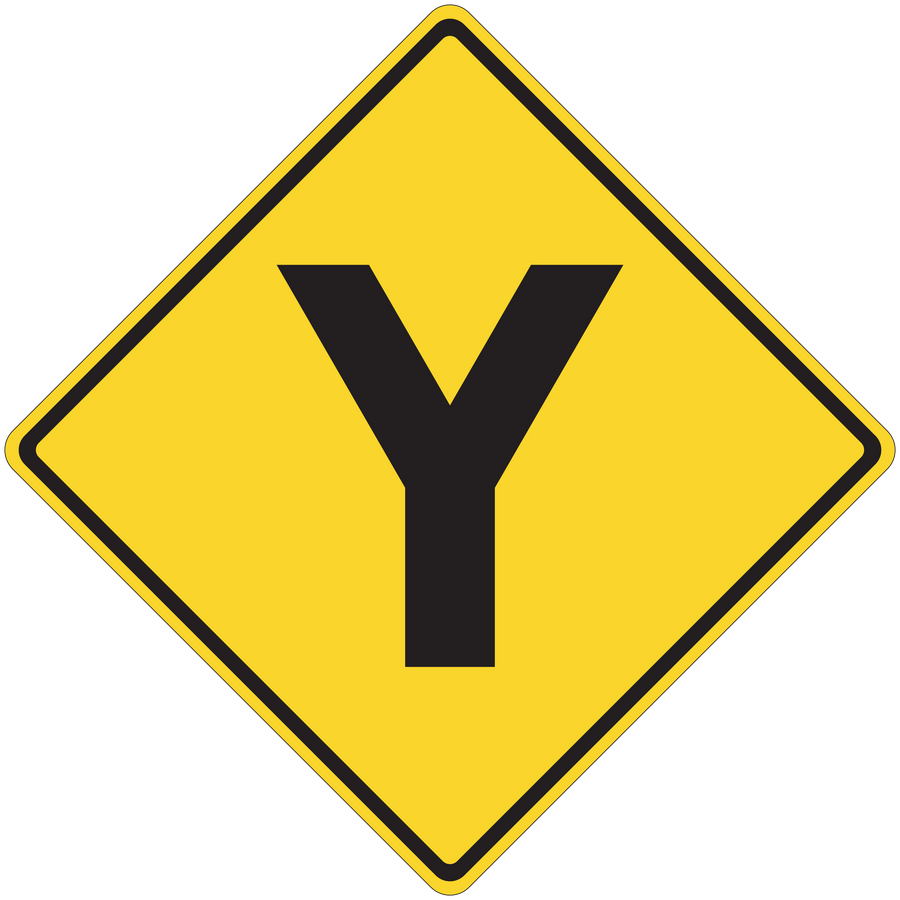 Yellow road sign sticker with black downward arrow in diamond