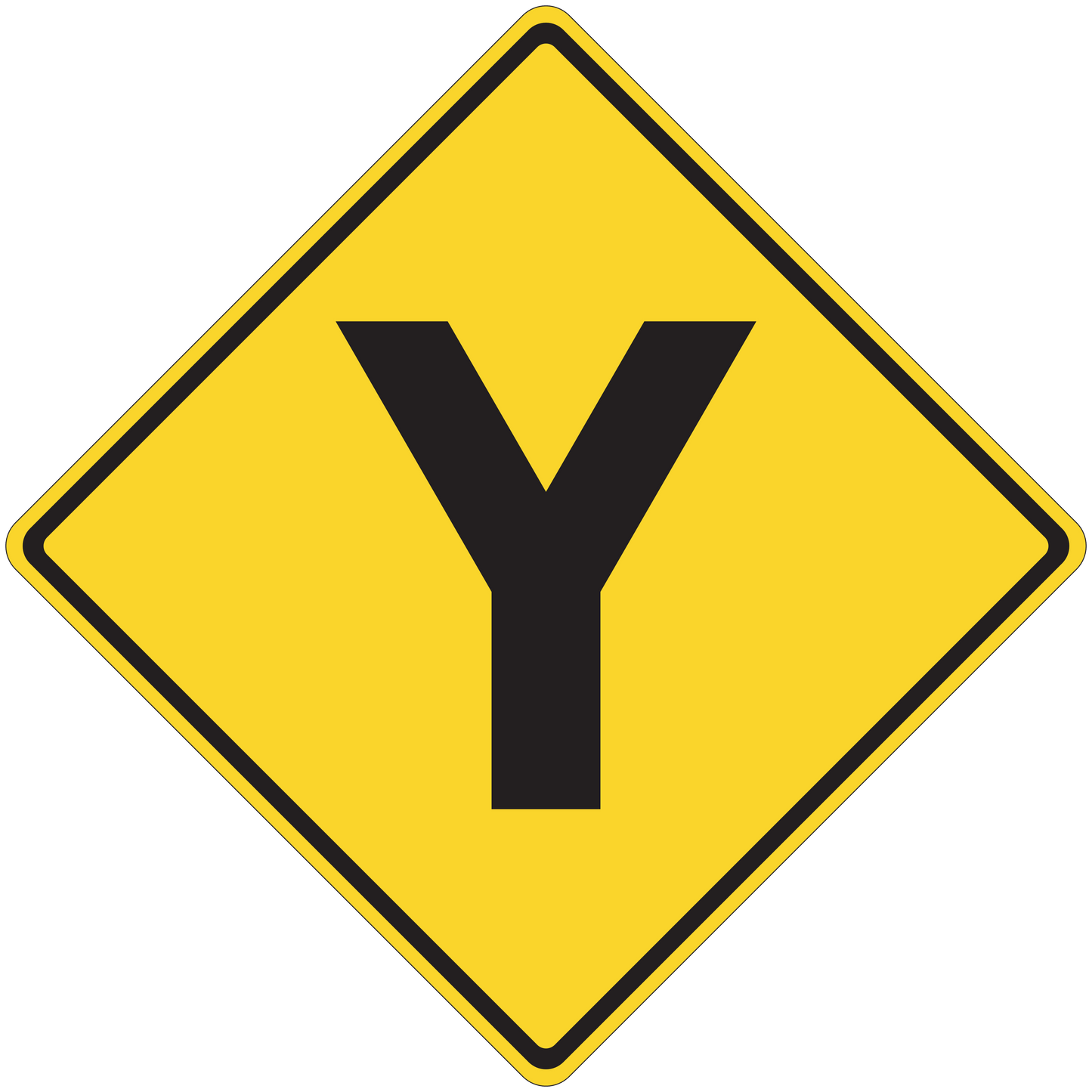 Yellow road sign sticker with black downward arrow in diamond