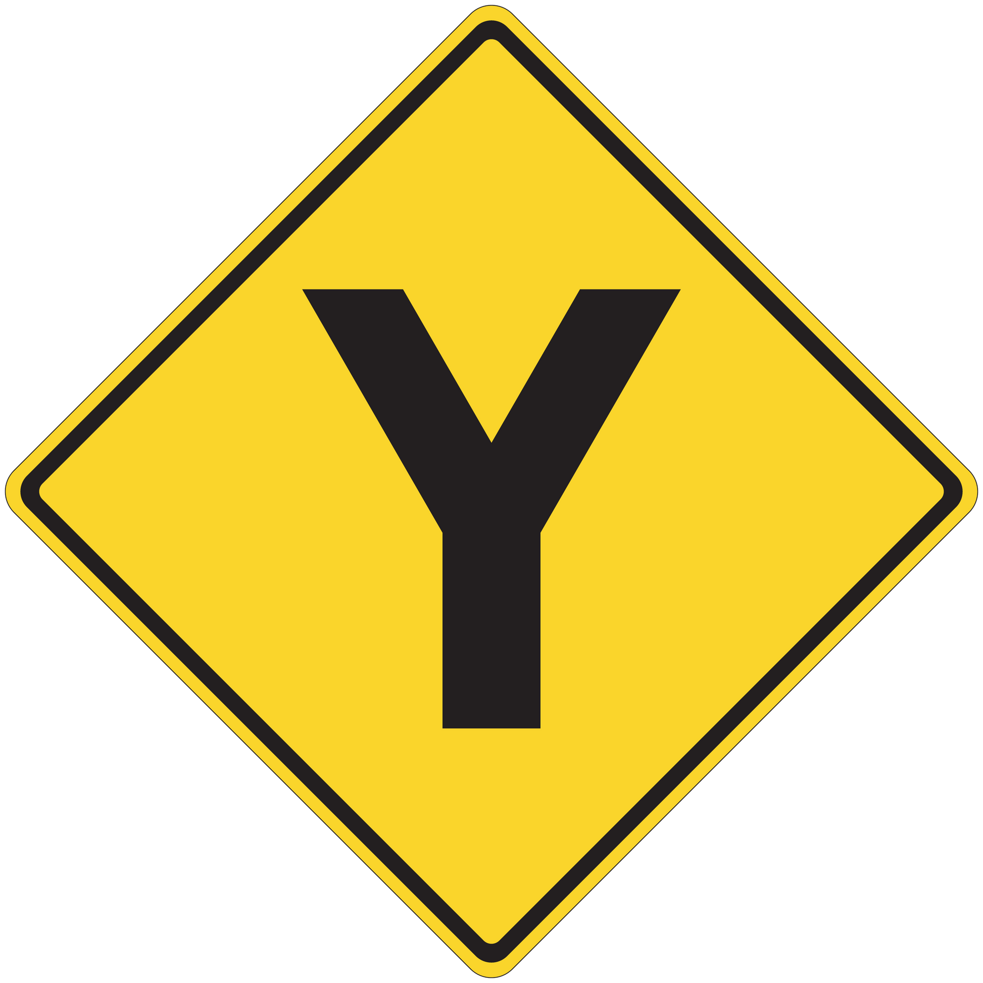 Yellow road sign sticker with black downward arrow in diamond