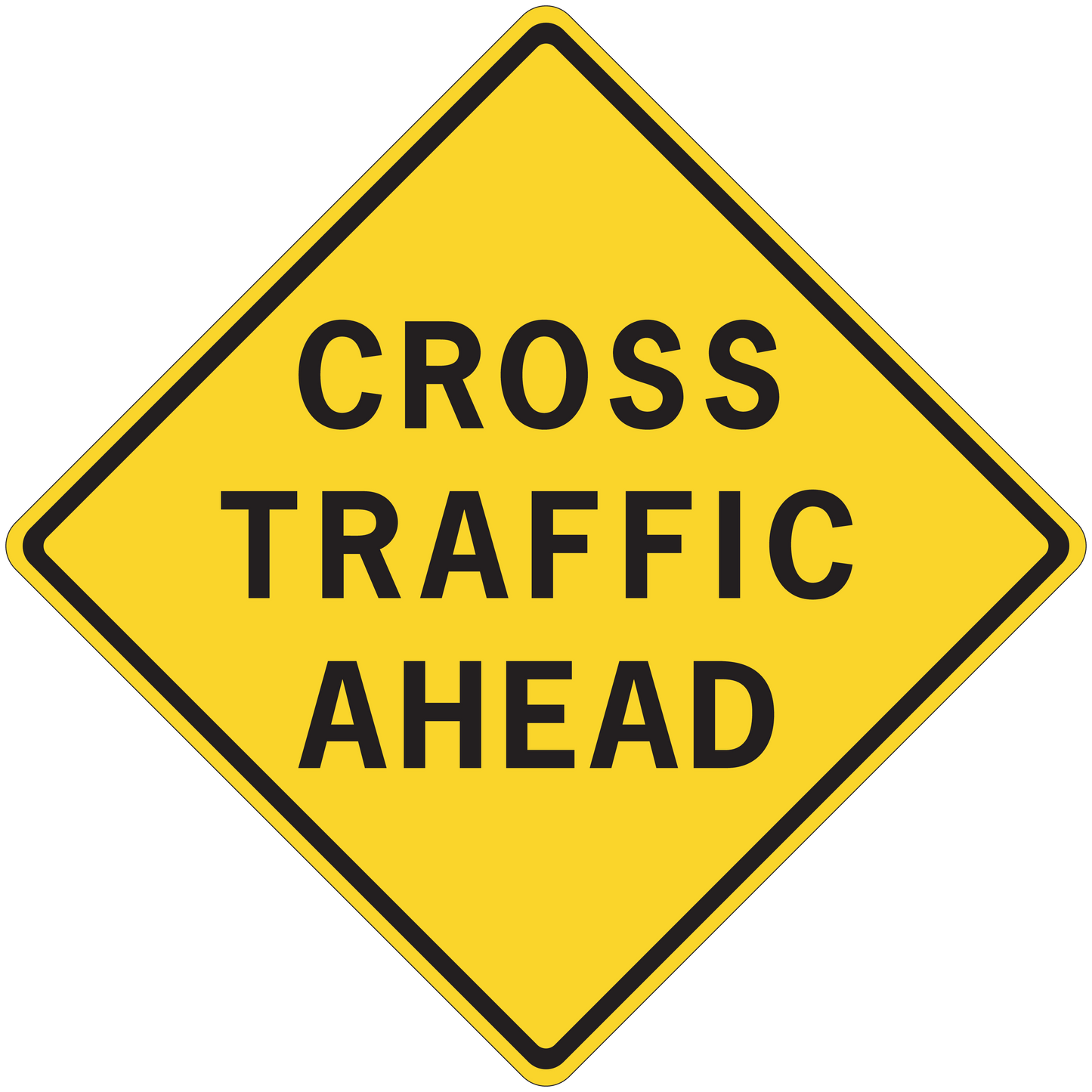 Yellow road sign sticker with black border text "CROSS TRAFFIC AHEAD"