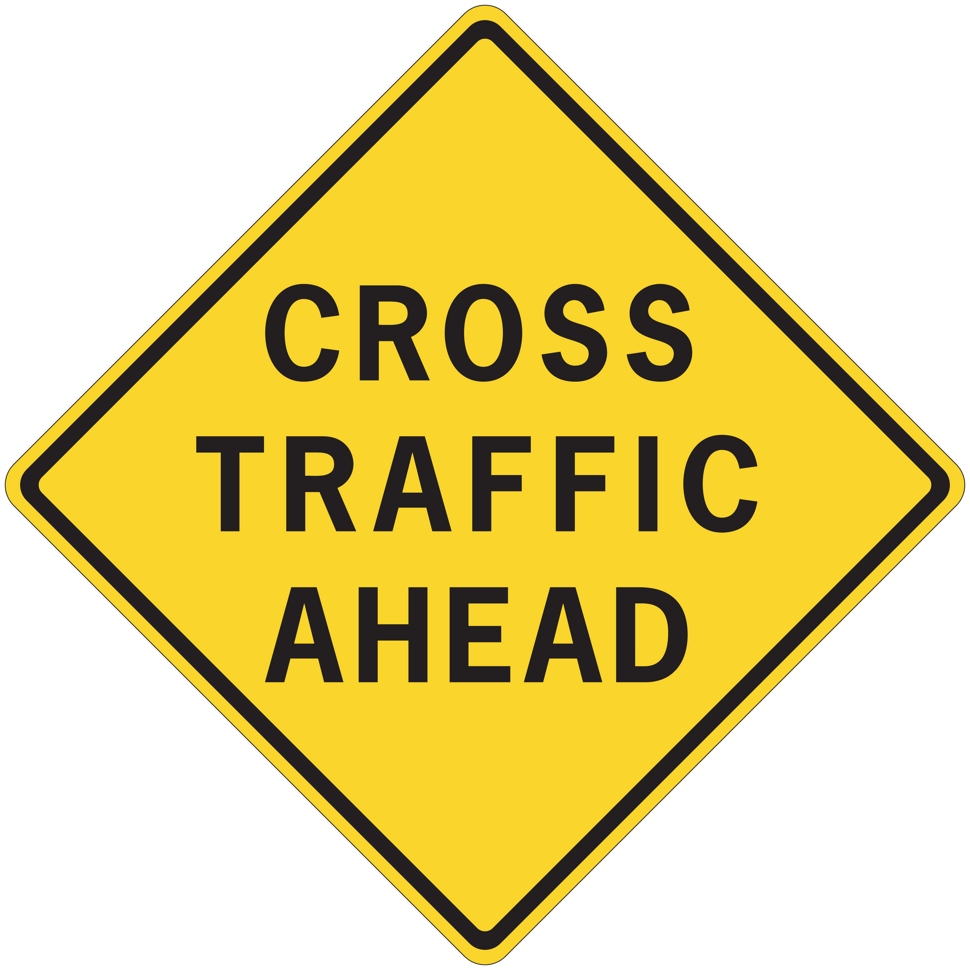 Yellow road sign sticker with black border text "CROSS TRAFFIC AHEAD"