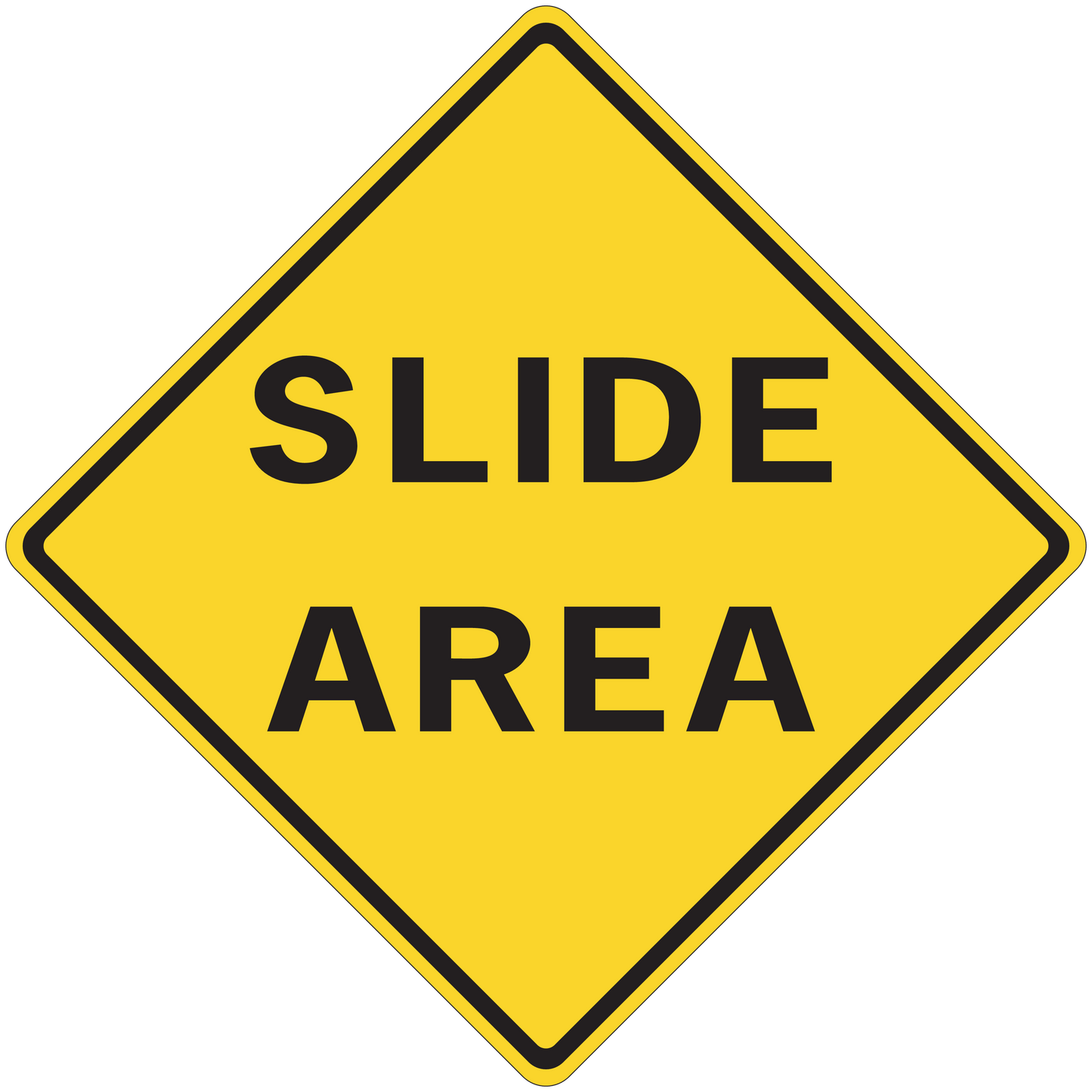 Road sign sticker with yellow diamond and black border, "SLIDE AREA" text