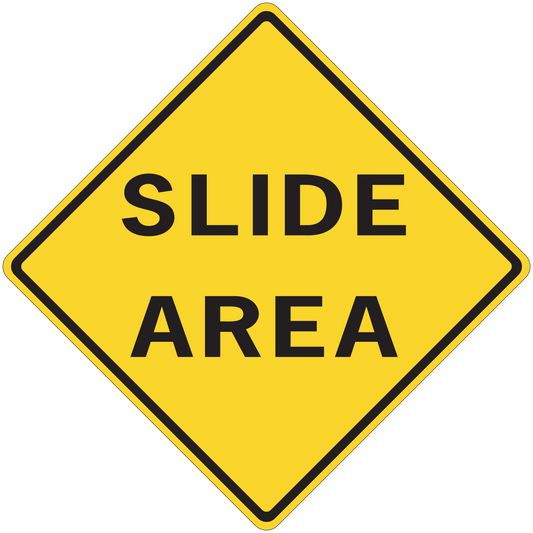 Road sign sticker with yellow diamond and black border, "SLIDE AREA" text