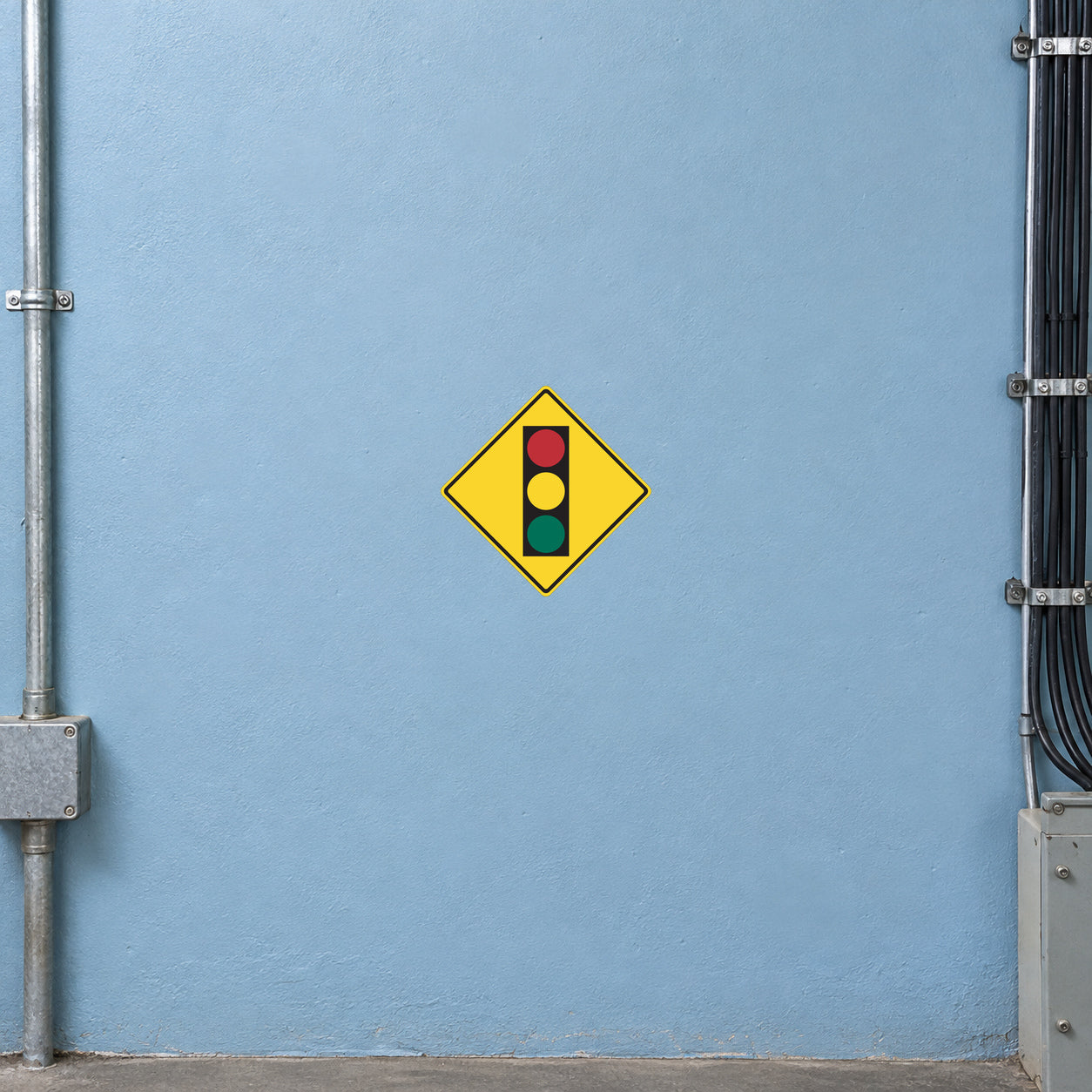 Road sign sticker: yellow diamond with traffic-light dots icon