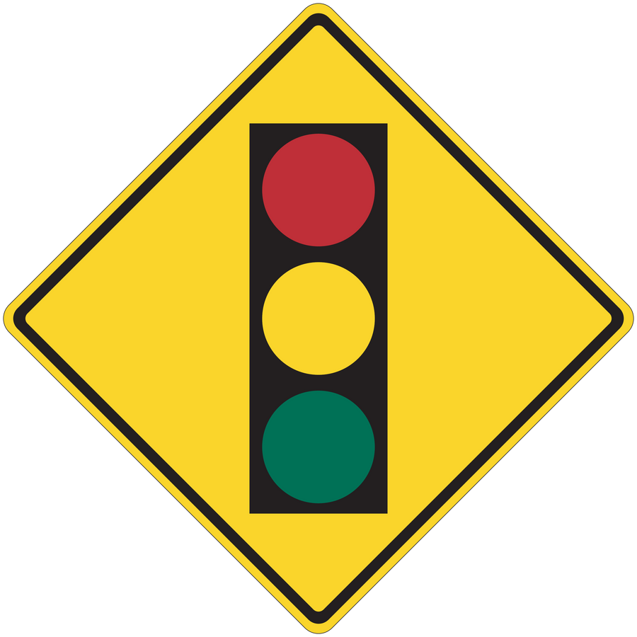 Traffic light road sign sticker with yellow diamond border and red, yellow, green circles
