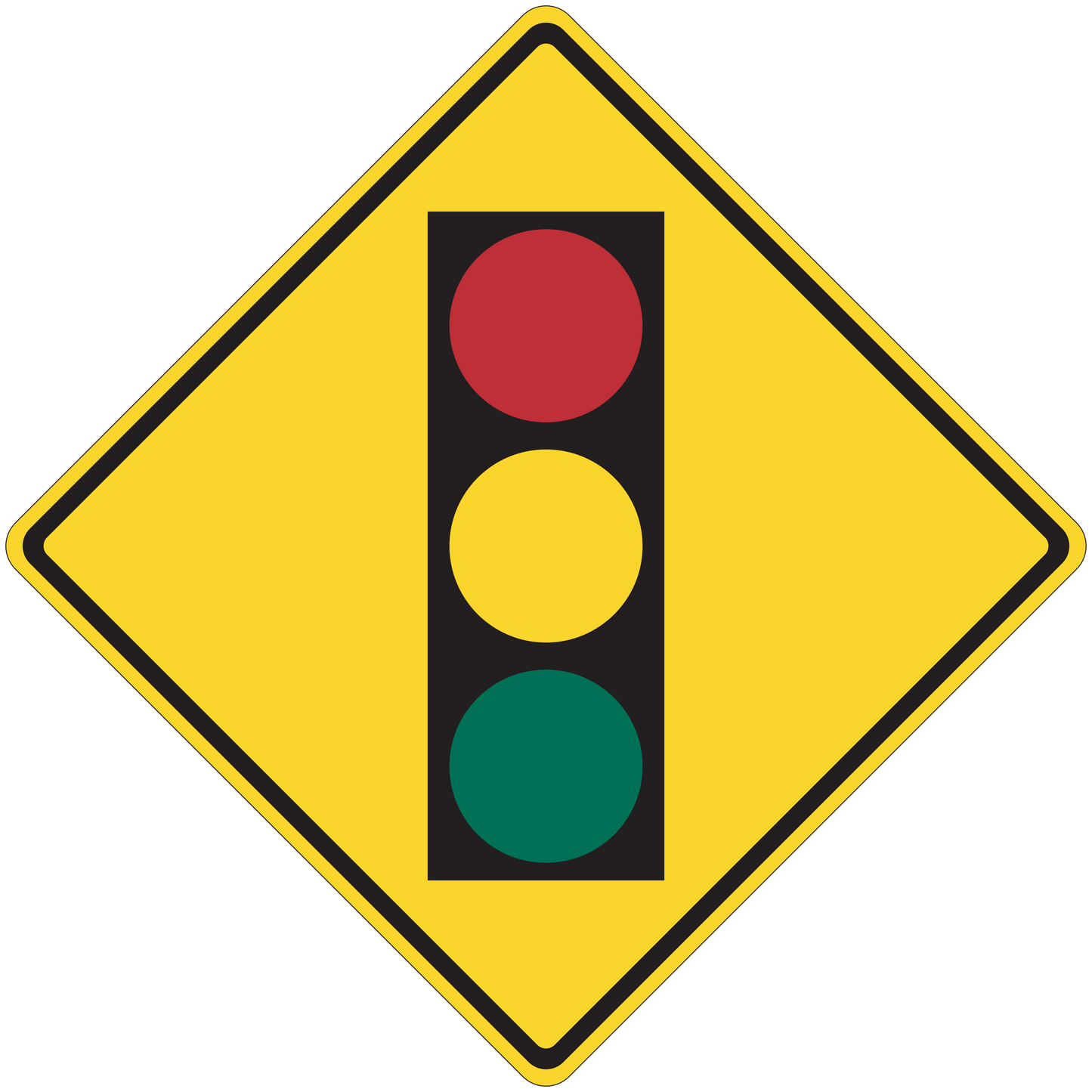 Traffic light road sign sticker with yellow diamond border and red, yellow, green circles