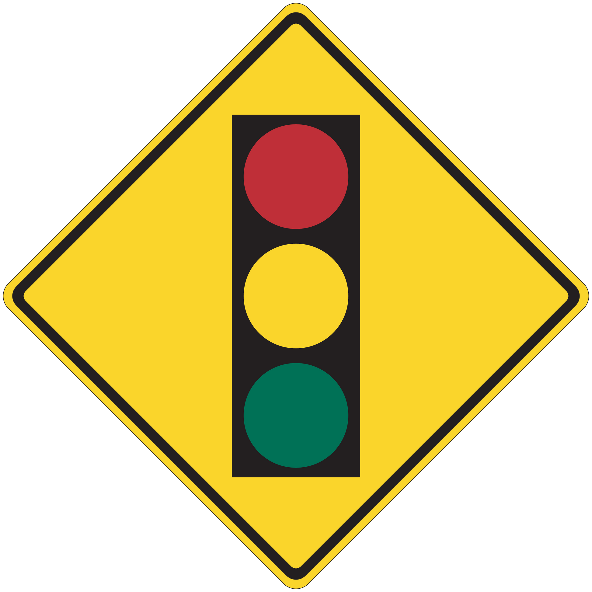 Traffic light road sign sticker with yellow diamond border and red, yellow, green circles