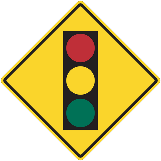 Traffic light road sign sticker with yellow diamond border and red, yellow, green circles
