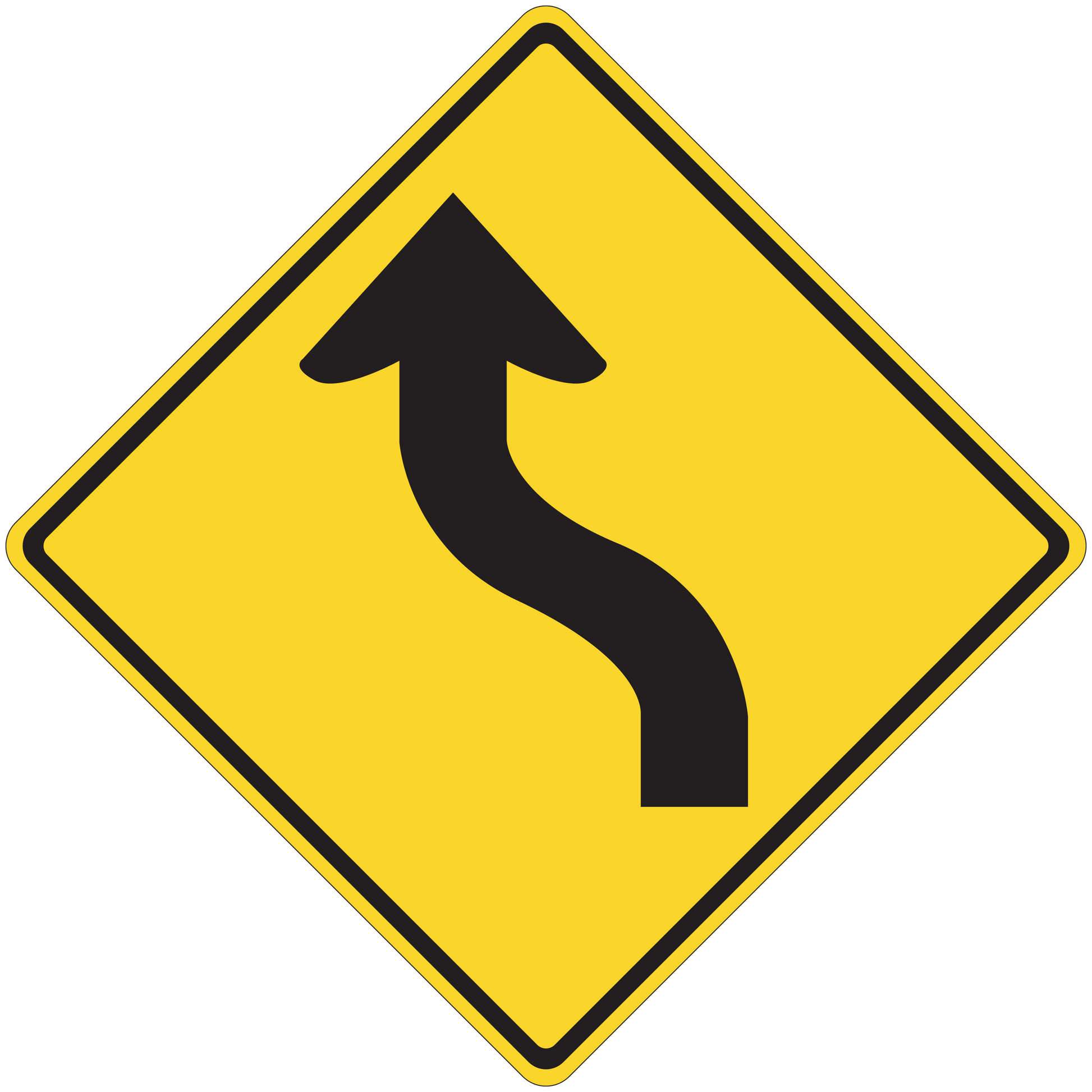 Road sign sticker with yellow diamond and black curved arrow pointing up