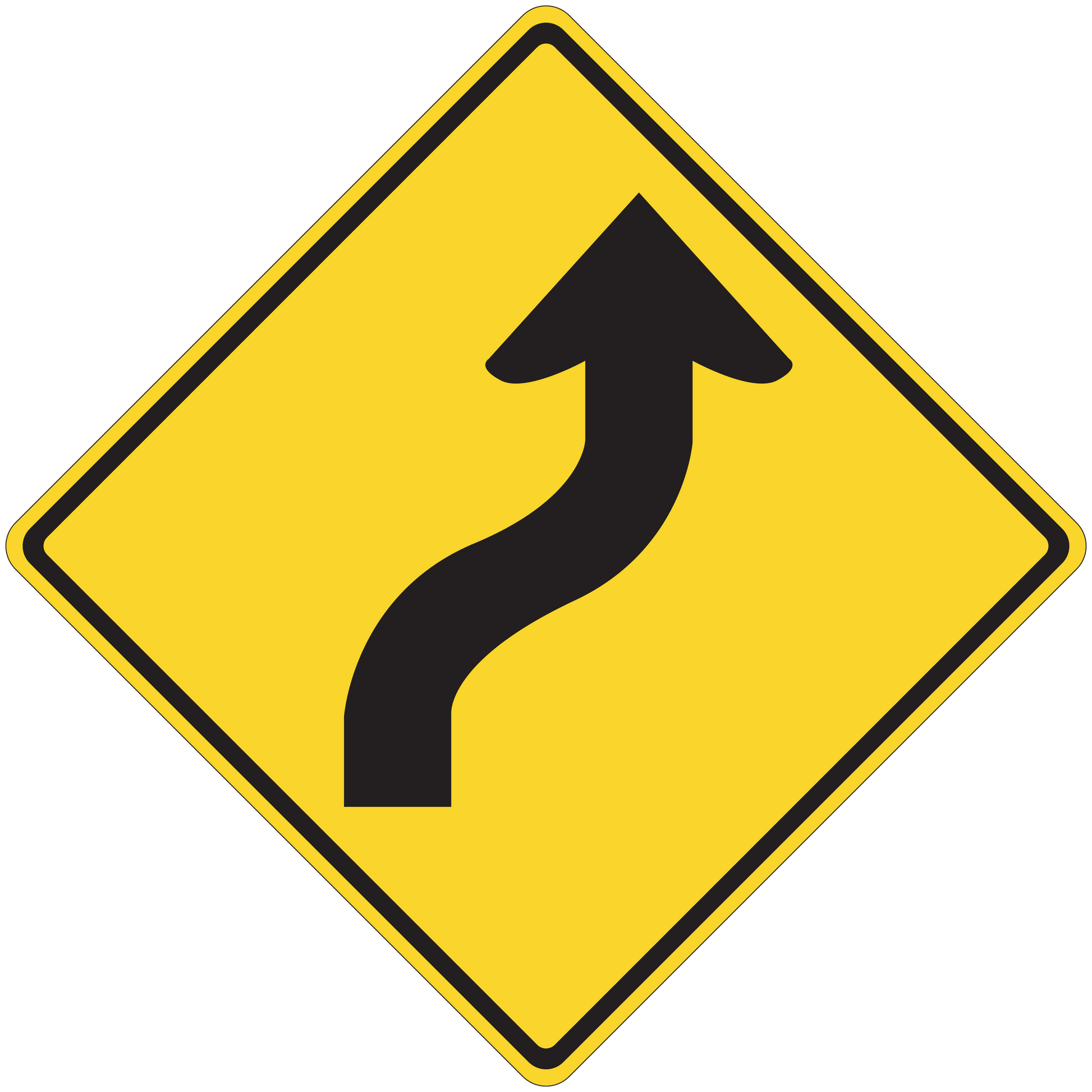 Yellow road sign sticker with black upward arrow in a diamond