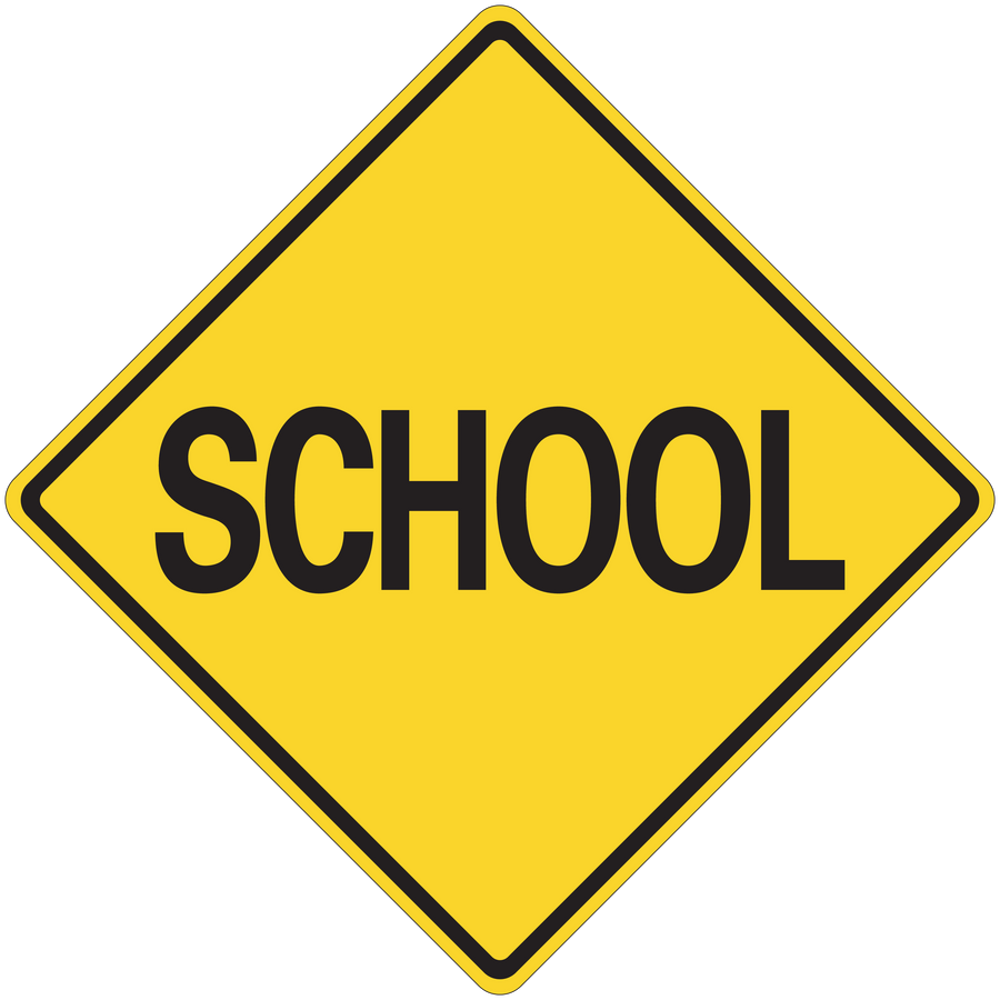 Yellow road sign sticker with black border and 'SCHOOL' text in bold letters