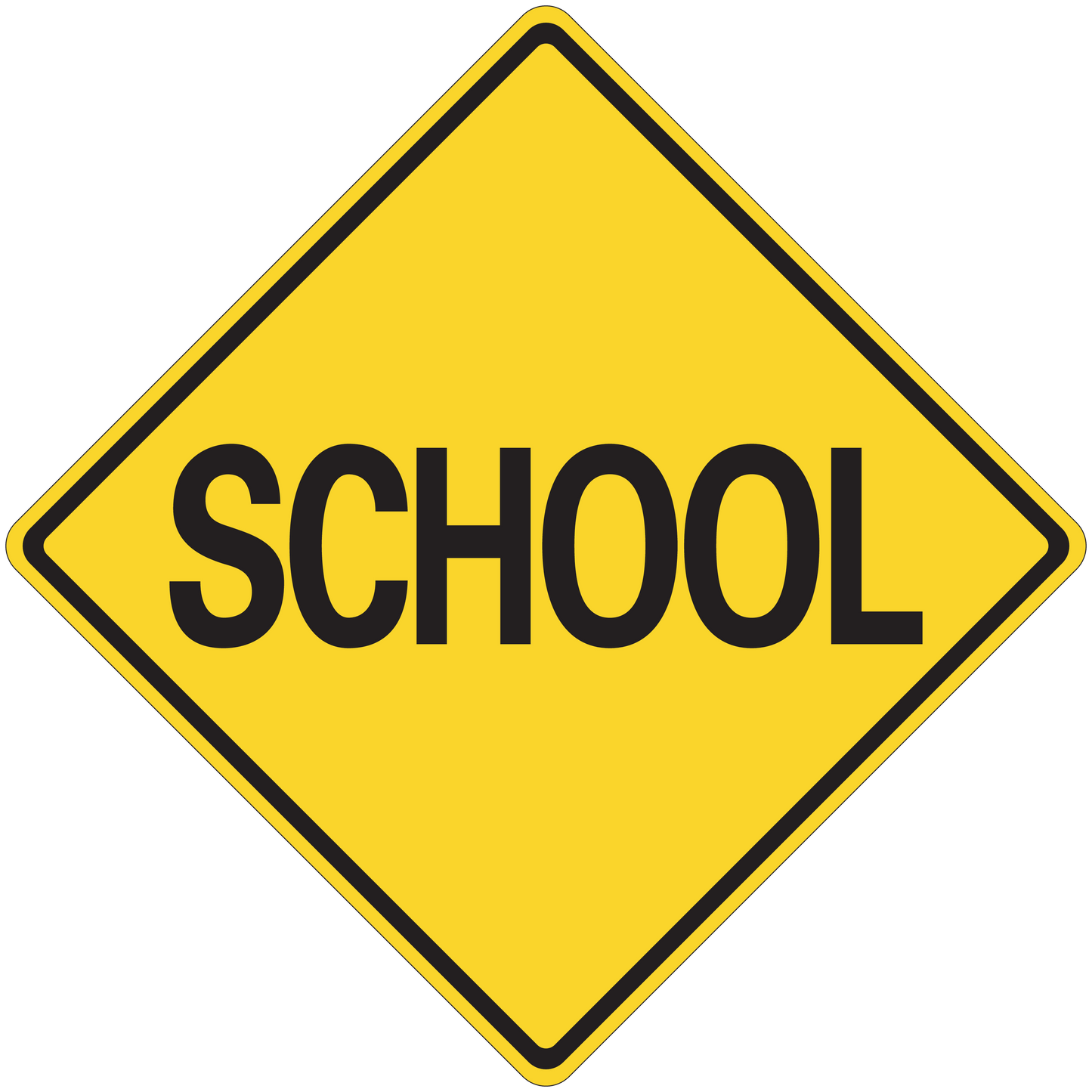 Yellow road sign sticker with black border and 'SCHOOL' text in bold letters
