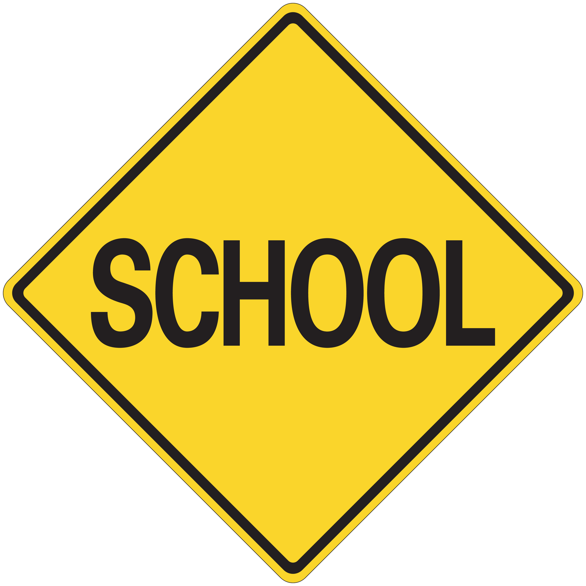 Yellow road sign sticker with black border and 'SCHOOL' text in bold letters