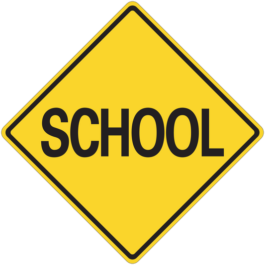 Yellow road sign sticker with black border and 'SCHOOL' text in bold letters