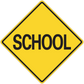 Yellow road sign sticker with black border and 'SCHOOL' text in bold letters