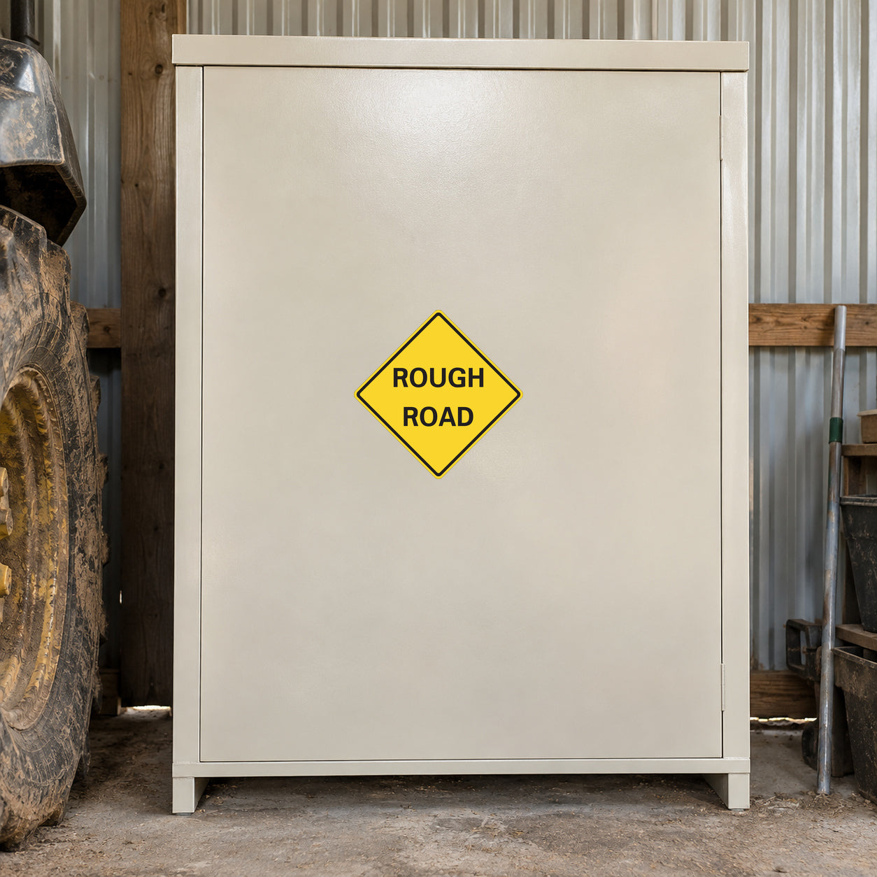 Road Sign Sticker applied in A rural vehicle shed, smooth cream single metal cupboard panel, muddy tire far left