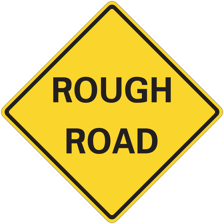Yellow diamond road sign sticker with black border reading “ROUGH ROAD”