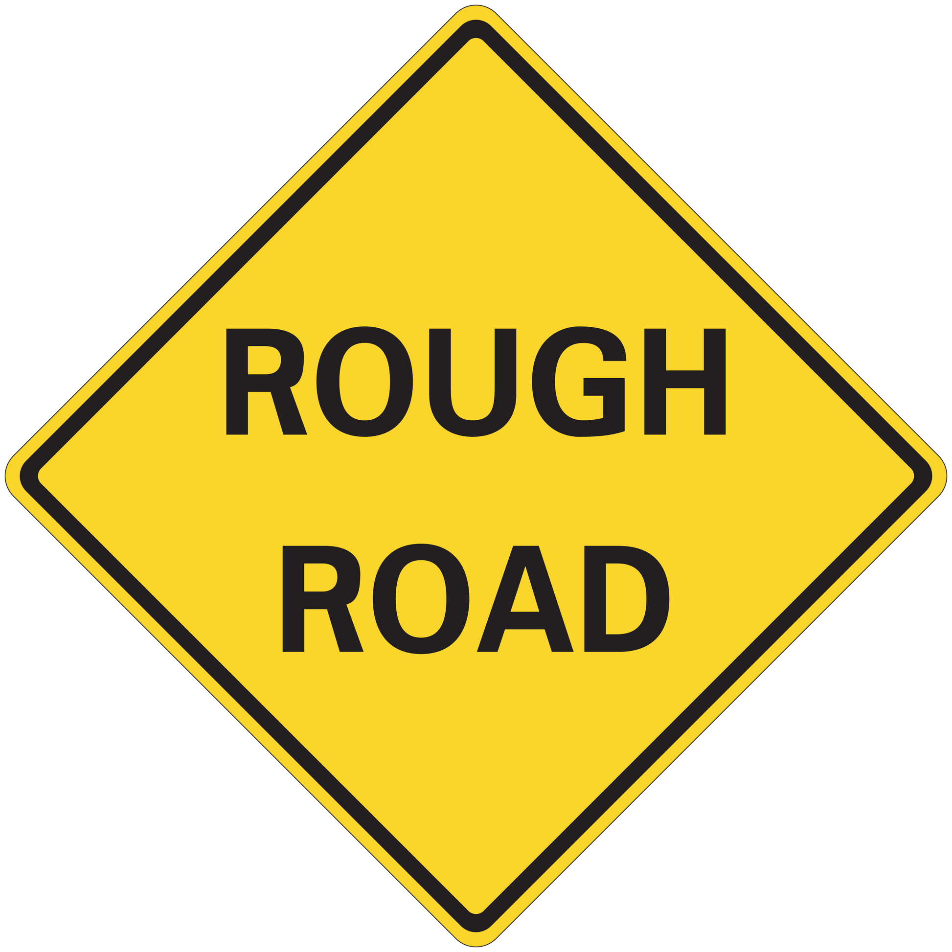 Yellow diamond road sign sticker with black border reading “ROUGH ROAD”
