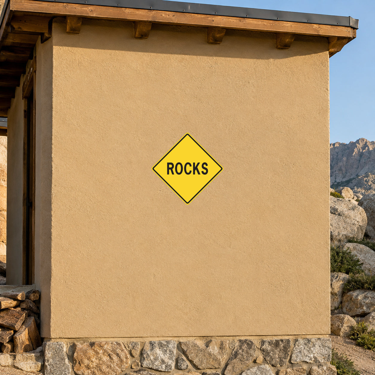 Road sign sticker: yellow diamond warning with 'ROCKS' text