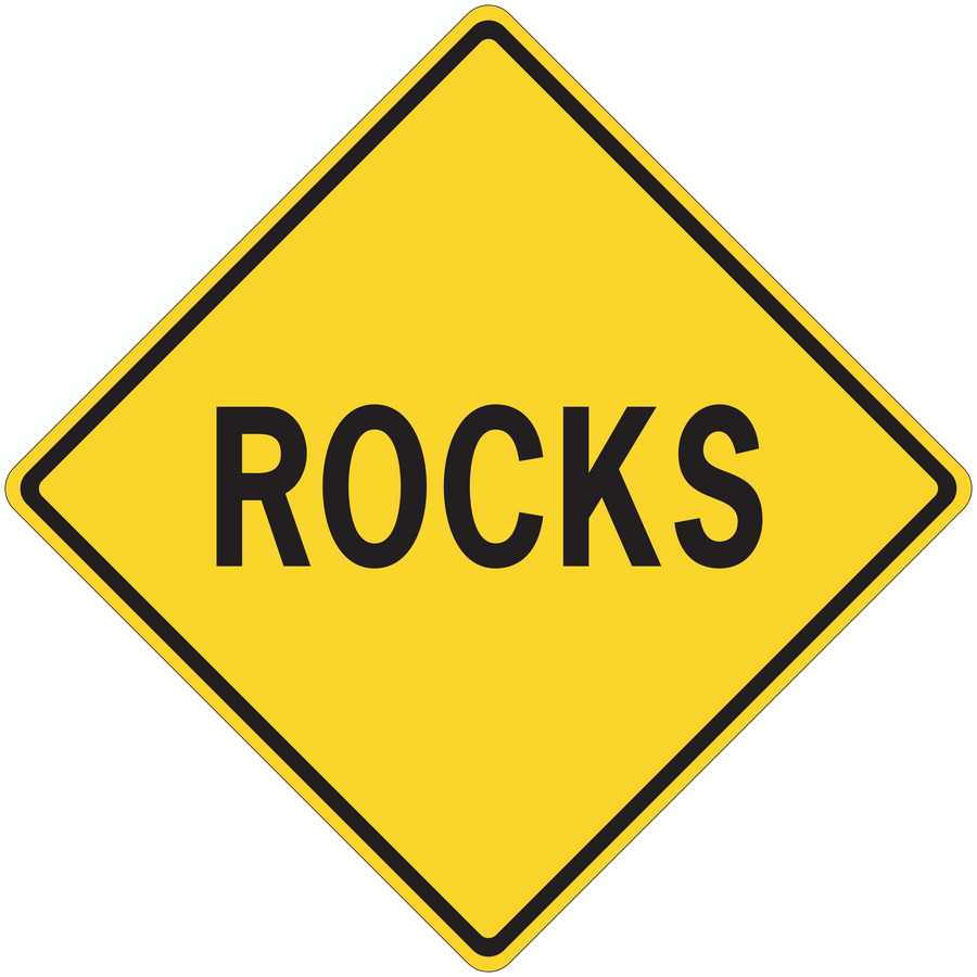 Yellow road sign sticker, diamond shape with black border and ROCKS text