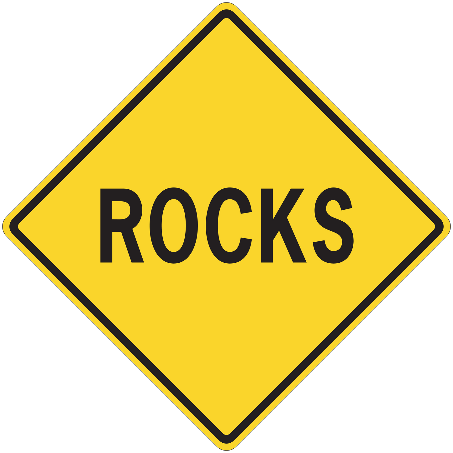 Yellow road sign sticker, diamond shape with black border and ROCKS text