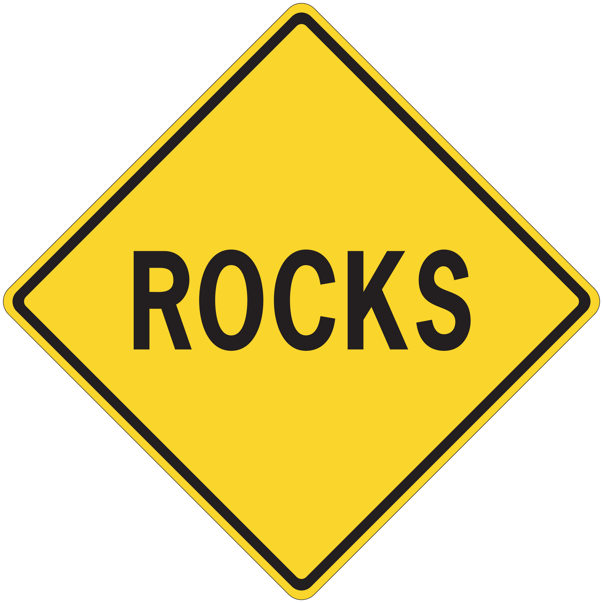 Yellow road sign sticker, diamond shape with black border and ROCKS text