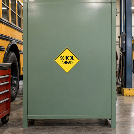 Road sign sticker with yellow diamond “SCHOOL AHEAD” on dark green panel