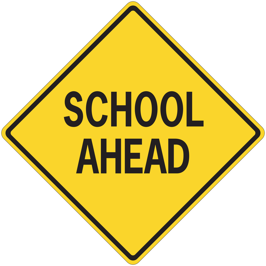 Yellow road sign sticker, black-bordered diamond reading SCHOOL AHEAD