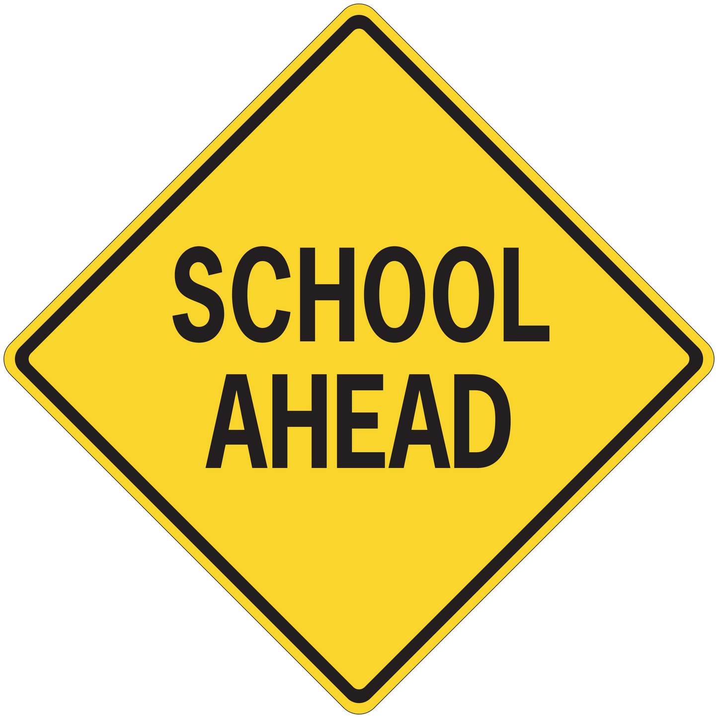 Yellow road sign sticker, black-bordered diamond reading SCHOOL AHEAD