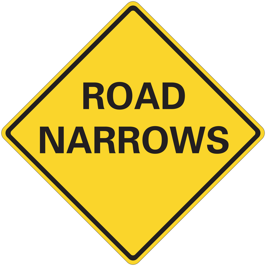 Road sign sticker, yellow diamond with black border and “ROAD NARROWS” text
