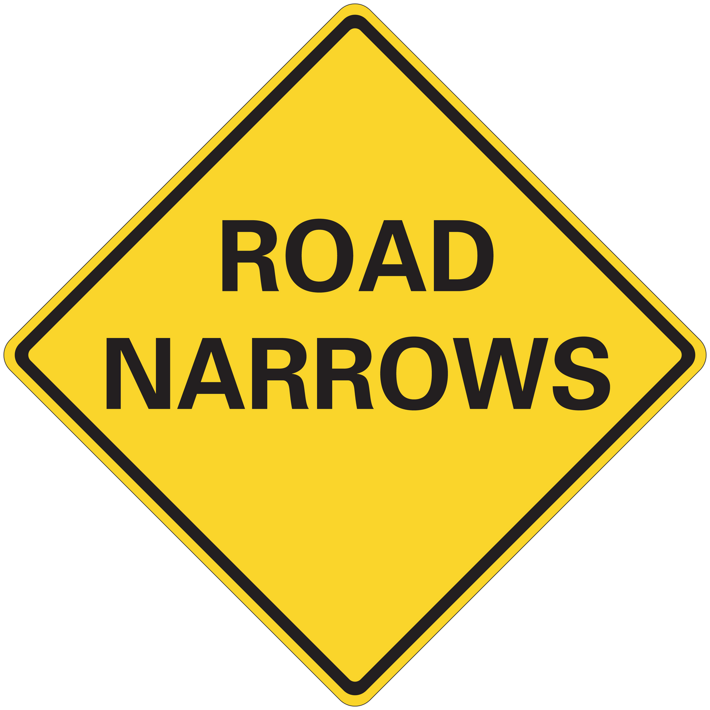 Road sign sticker, yellow diamond with black border and “ROAD NARROWS” text