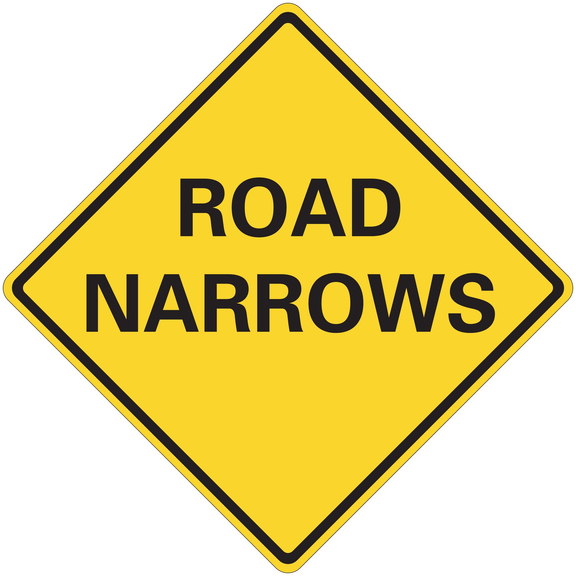 Road sign sticker, yellow diamond with black border and “ROAD NARROWS” text